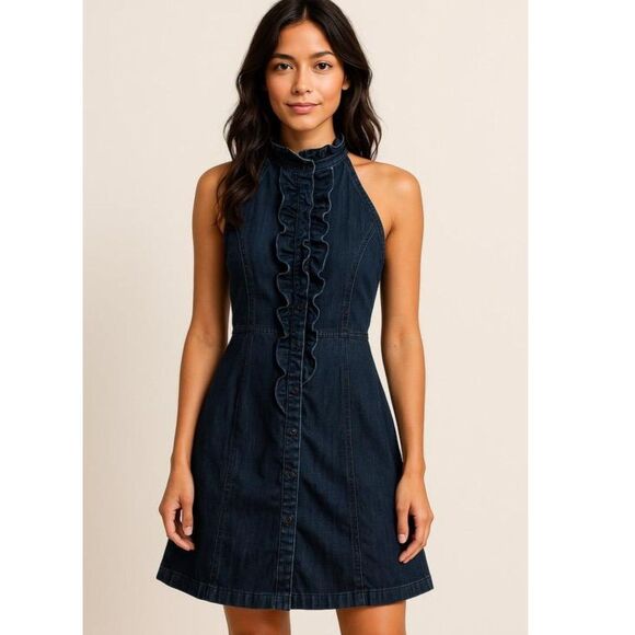 7 For All Mankind Dresses & Skirts - 7 For All Mankind Dark Denim Ruffle Halter Mini Dress